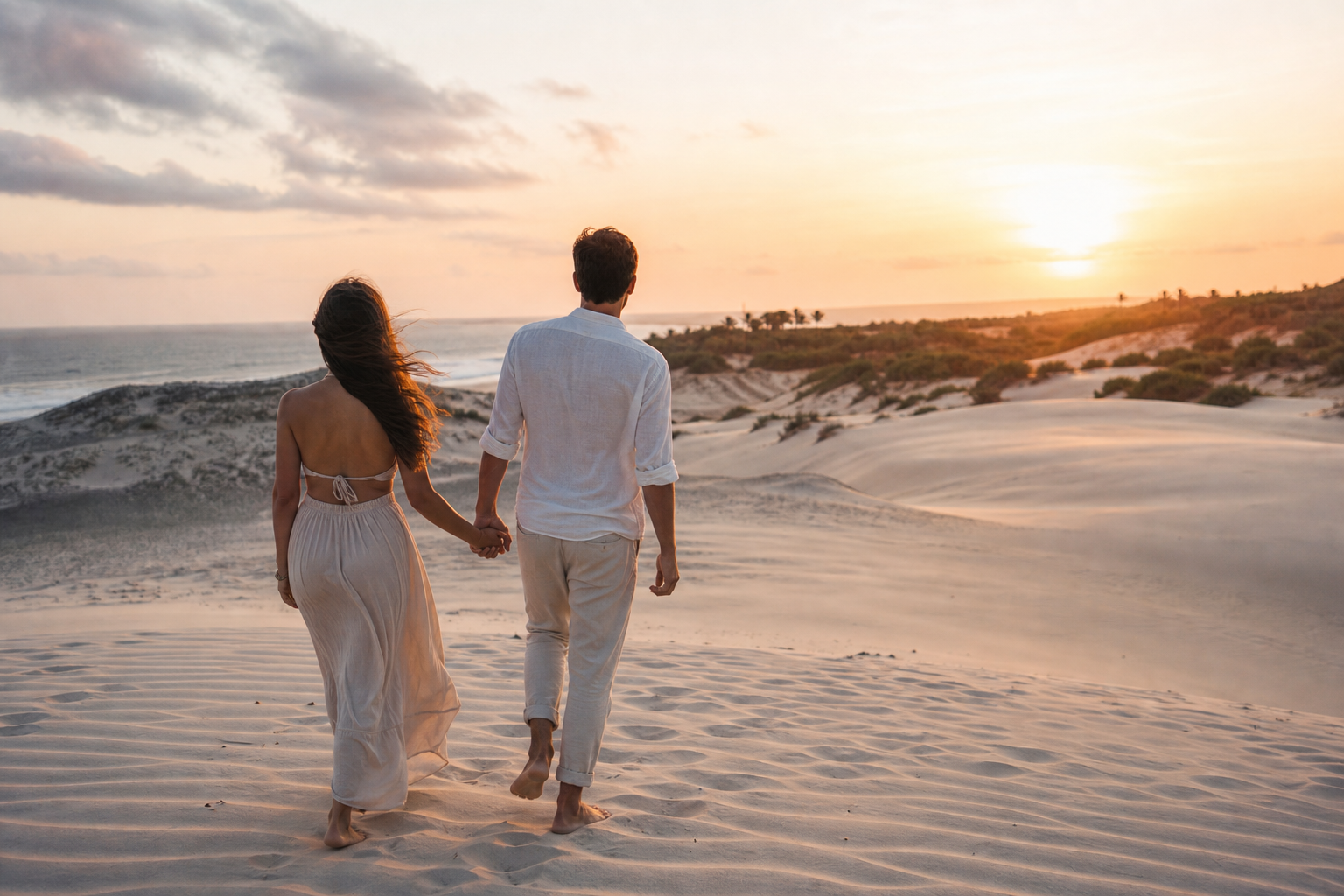 Casal caminhando pelas dunas ao entardecer